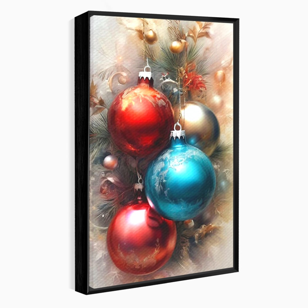 Tablou canvas cu tablou canvas cu globuri de craciun, in rama de aluminiu negru